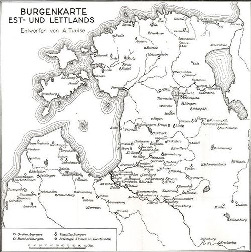 Burgenkarte Est- und Lettlands von Armin Tuulse [aus: Armin Tuulse: Die Burgen in Estland und Lettland. Dorpat 1942. BKGE-Bibliothek, Signatur 13K101.C4].