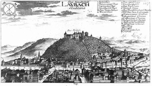 Laibach - Gesamtansicht 1679 mit dem Schlossberg von Nordost, Stich von Johann Weikhard Valvasor (1641-1693) [ÖNB Wien Bildarchiv Inv. Nr. 229412 B].