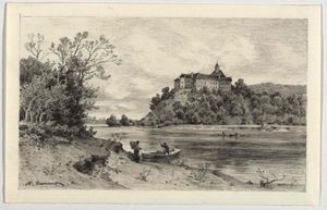Schloss Ankenstein (slow. Grad Borl) an der Drau, Feder- und Pinselzeichnung von Hugo Darnaut vor   1890 [Fotos: OENB Wien, Bildarchiv Inv. Nr. Pk 1131, 733].