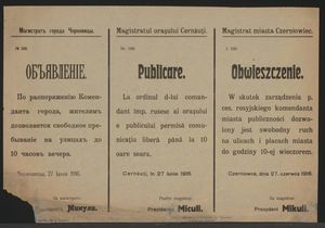 Mehrsprachiges Plakat aus Czernowitz vom 27. Juni 1916 zum Aufenthalt auf der Straße [Foto: ÖNB Wien, Bildarchiv Inv. Nr. KS 16211404].